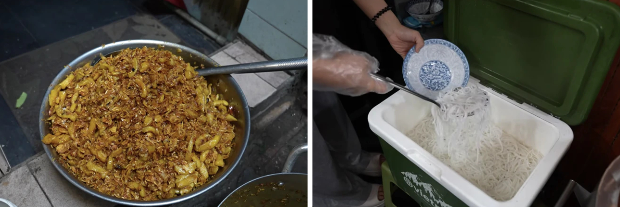 Quán canh bún cua gia truyền ở phố cổ Hà Nội, sợi bún to gấp vài lần bình thường, dùng 5 kg cua đồng cho nồi nước dùng