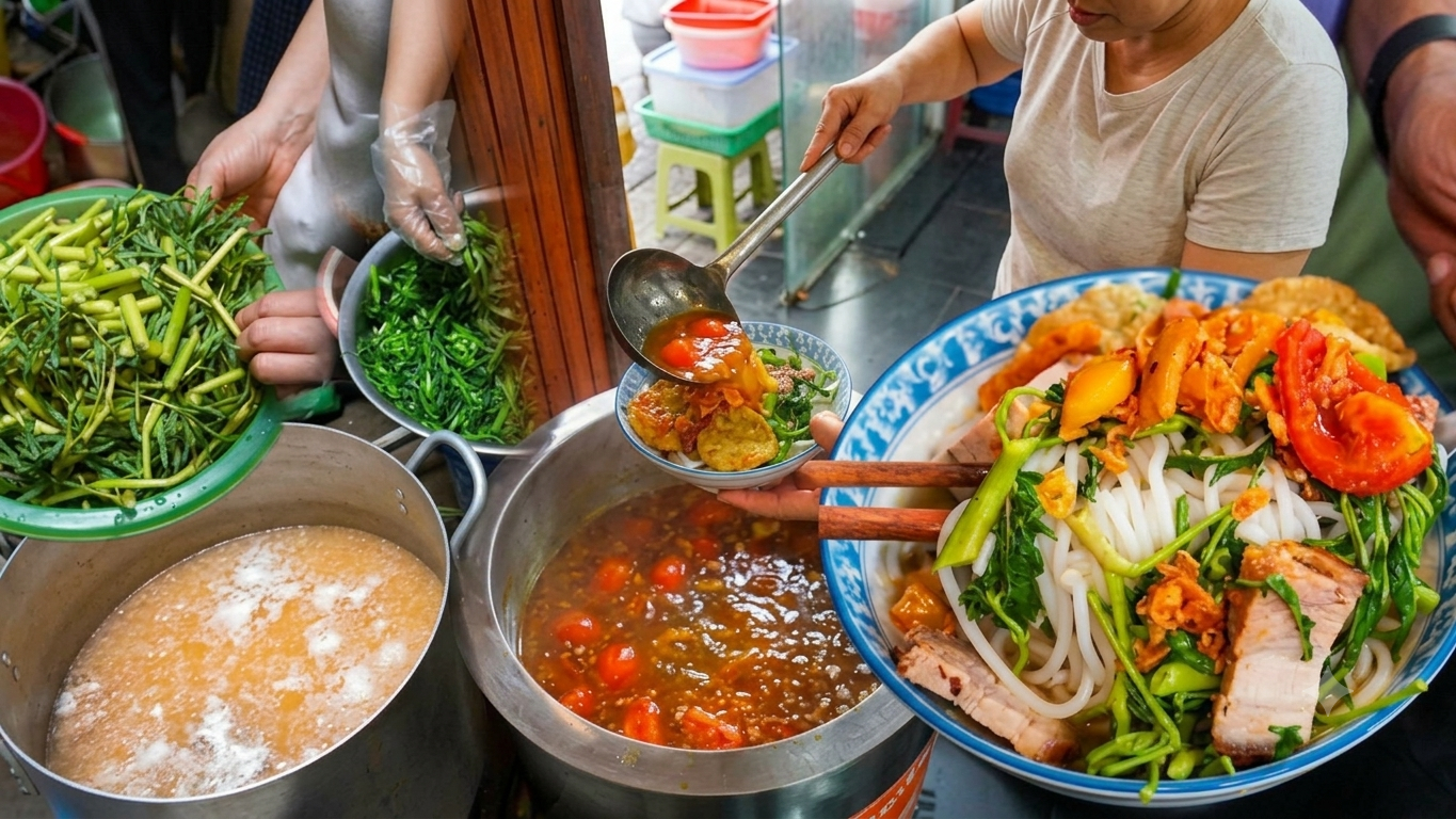 Quán canh bún cua gia truyền ở phố cổ Hà Nội, sợi bún to gấp vài lần bình thường, dùng 5 kg cua đồng cho nồi nước dùng