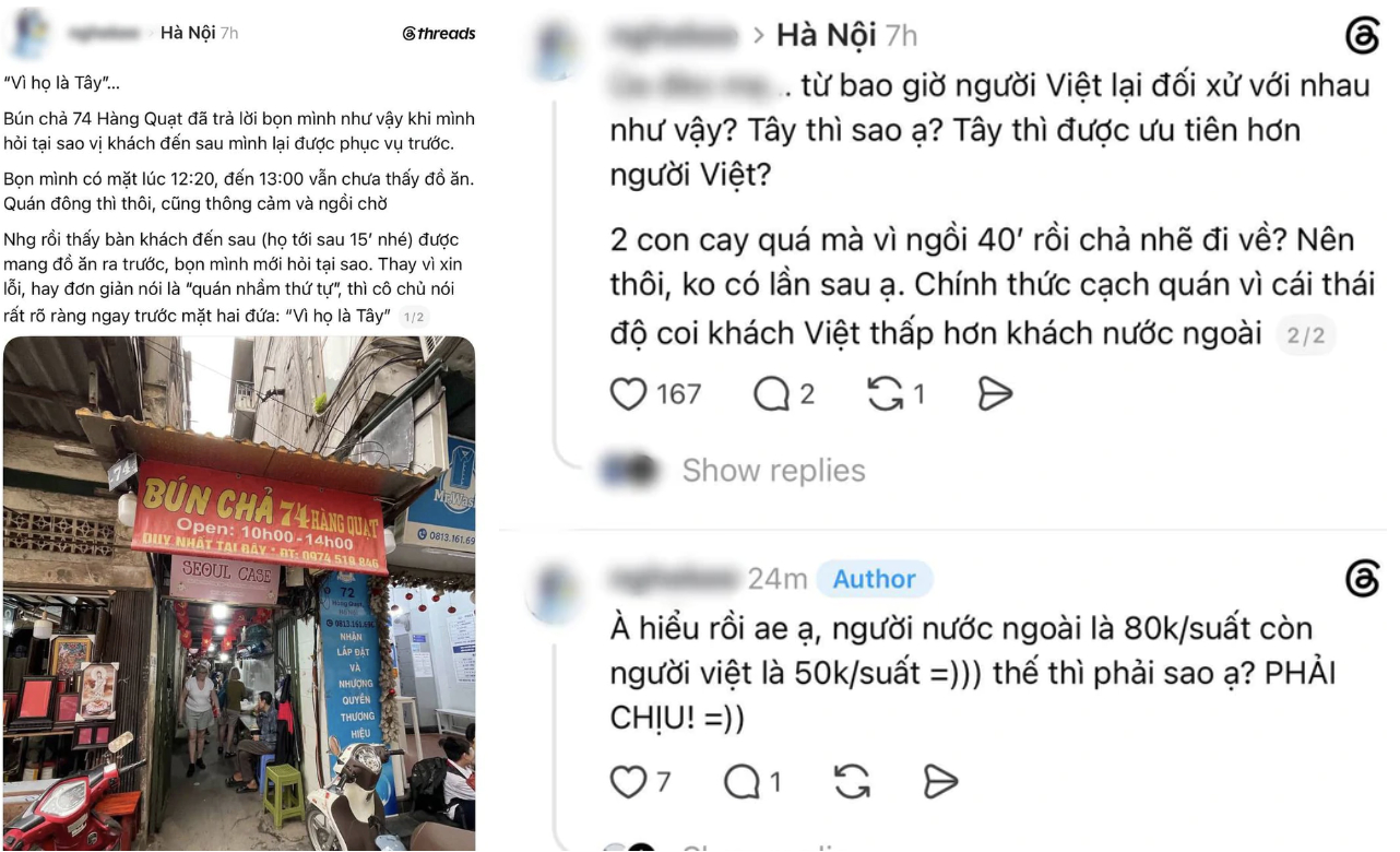 Bài đăng bày tỏ sự thất vọng vì quán bún chà 74 Hàng Quạt ưu tiên khách Tây hơn khách Việt. Ảnh chụp màn hình