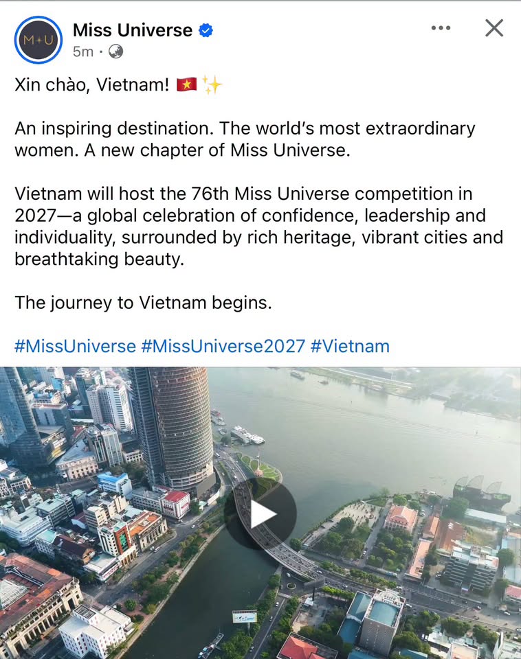 Bài đăng thông báo Việt Nam sẽ là nơi đăng cai cuộc thi Miss Universe 2027