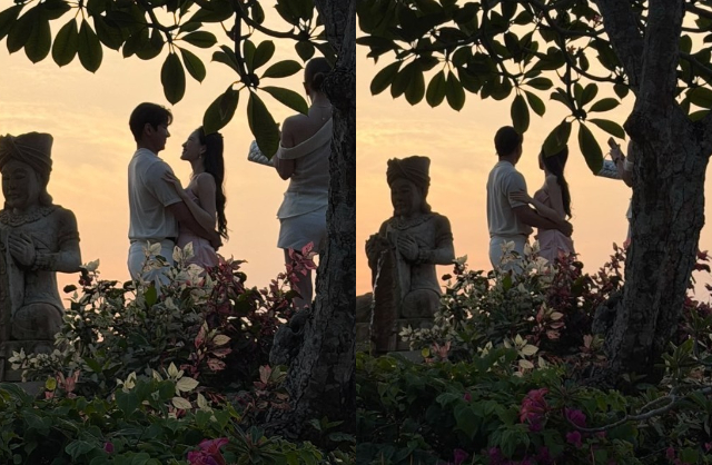 Tại đám cưới của người đẹp Đàm Gia Nghi diễn ra ở Bali, Nam vương La Thiên Vũ và Á hậu Trần Ý Đức đã trở thành tâm điểm thu hút dư luận. Cặp đôi cùng sang Indonesia chúc mừng đồng nghiệp, diện đồ trắng tone-sur-tone và liên tục trao nhau những cái ôm đắm đuối bên bờ biển. Ảnh: On.