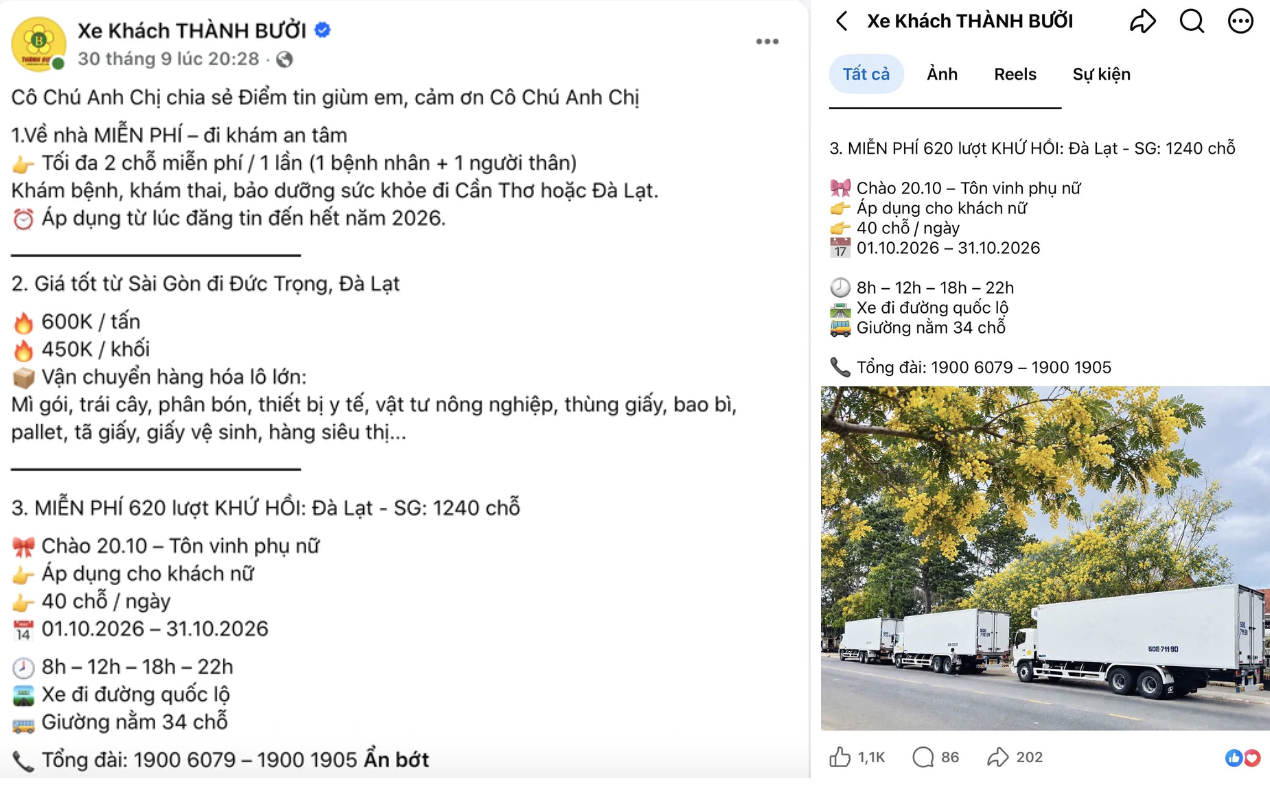 Chương trình ưu đãi cho khách hàng được nhà xe Thành Bưởi đăng tải. Ảnh chụp màn hình