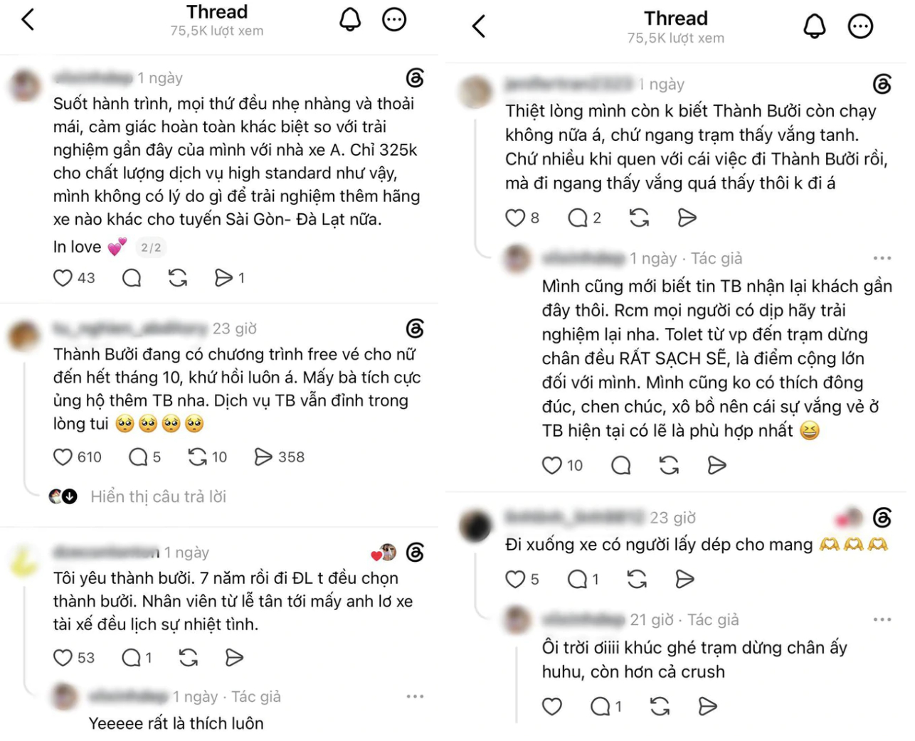 Nhiều người dành lời khen cho chất lượng dịch vụ của xe khách Thành Bưởi. Ảnh chụp màn hình