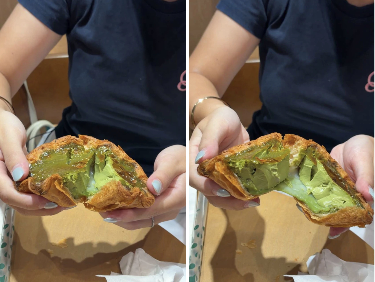 Matcha Mochi sử dụng matcha Yamamasa Koyamaen từ Nhật Bản, có lớp kem matcha dịu nhẹ bên trên cùng phần ganache matcha đậm vị hơn và lớp mochi dẻo mềm nằm phía dưới.
