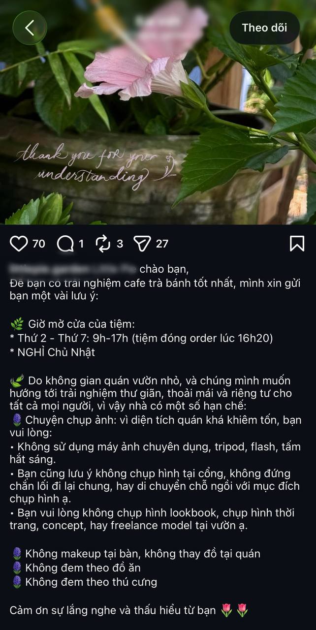 L.P.G Trà Quế có quy định hạn chế chụp ảnh được công bố trên trang mạng xã hội của quán và thể hiện trên bảng thông tin tại lối vào.
