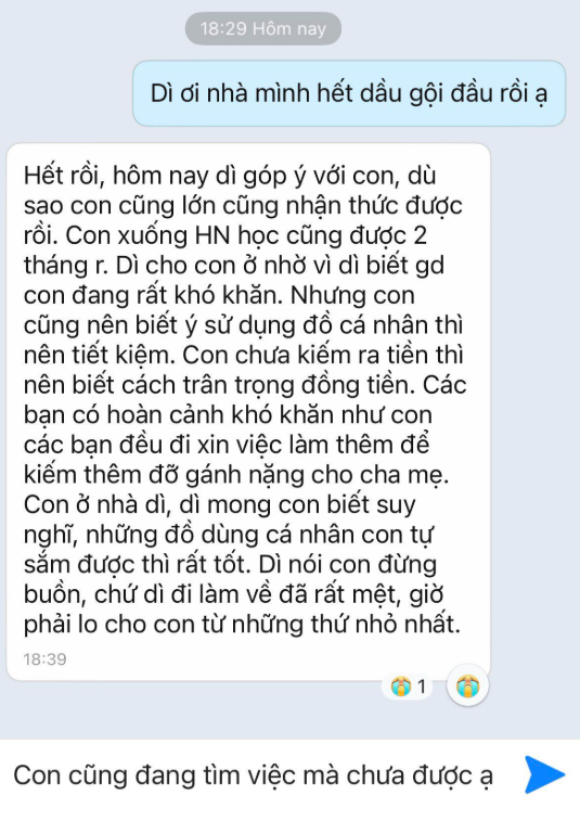 Nữ sinh nhắn tin báo nhà hết dầu gội, người dì đã gửi lại một đoạn góp ý dài về việc tiết kiệm, trân trọng đồng tiền và tự lo những đồ dùng cá nhân