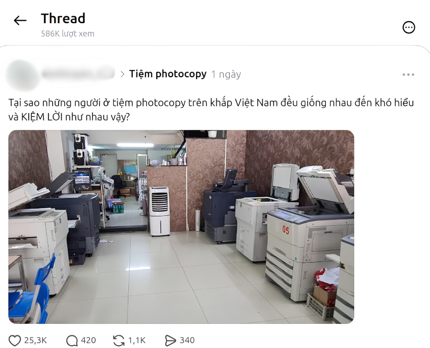 Một cư dân mạng đặt thắc mắc về tiệm photocopy thu hút lượng tương tác cao. Ảnh chụp màn hình Threads.