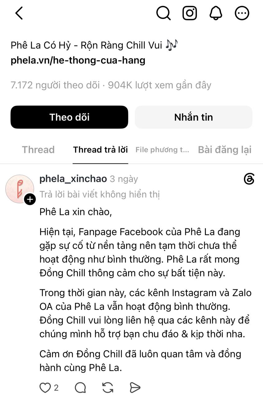 Fanpage Phê La bất ngờ không thể truy cập, thương hiệu lên tiếng