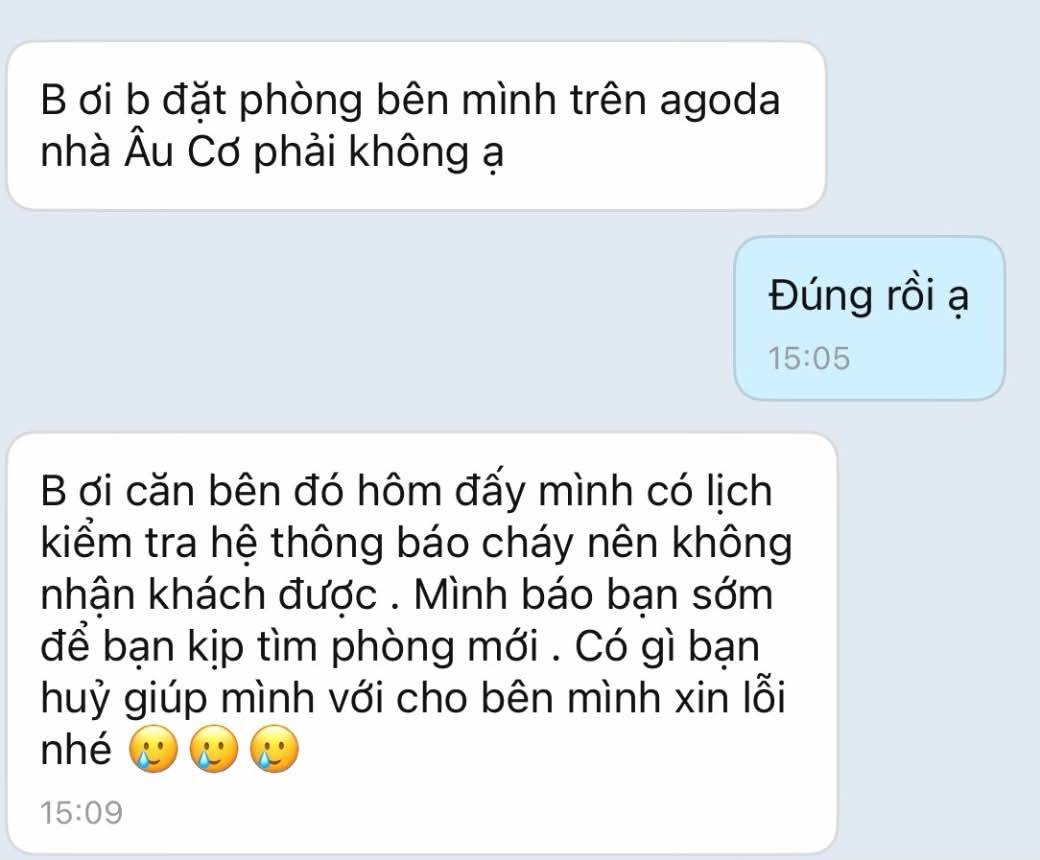 Diệu Tuyền cho biết phía cơ sở lưu trú thông báo muốn hủy đặt phòng vì đúng thời điểm đó có lịch kiểm tra hệ thống báo cháy, tuy nhiên sau đó cô đã yêu cầu chủ nhà tìm phòng thay thế cho mình