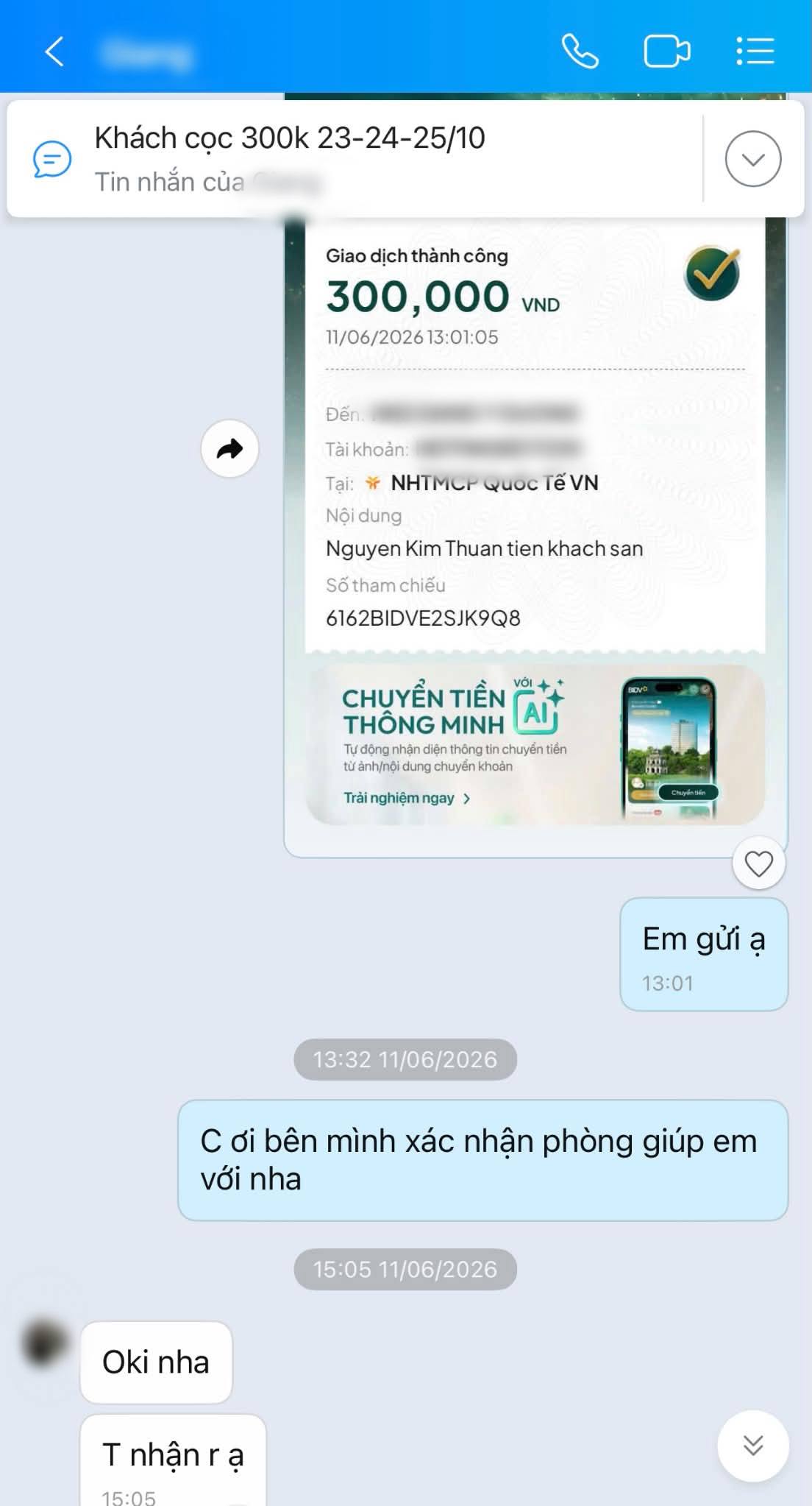 Như Thảo (Đà Nẵng) cũng đặt phòng tại B.Đ homestay, cho biết nhóm của cô đã đặt phòng tại B.Đ Homestay từ tháng 6 và xác nhận tiền cọc từ sớm. Giá một phòng là 1,35 triệu đồng.