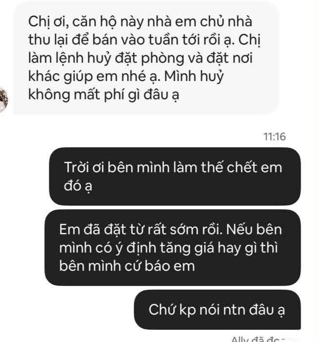  Nguyệt Anh đặt phòng từ tháng 7 với tổng chi phí 4,1 triệu đồng. Sau đó cô nhận được thông báo hủy với lý do chủ nhà thu hồi căn nhà nên không thể tiếp tục cho thuê trực tiếp.