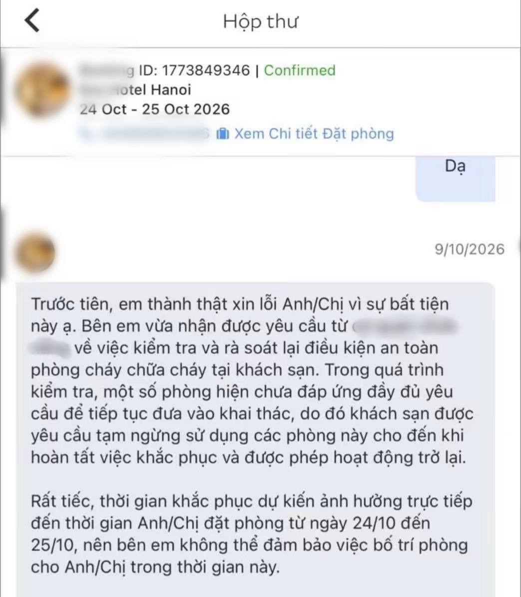Ngọc Linh (TP.HCM) đặt phòng từ ngày 12/9. Tuy nhiên, sau đó, cô nhận được thông báo từ khách sạn về việc hủy phòng với lý do liên quan đến công tác phòng cháy, chữa cháy