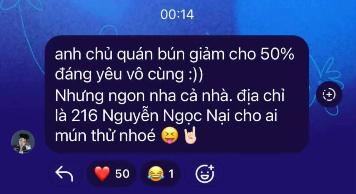 Địa chỉ quán bún bò được nam ca sĩ chia sẻ với fan để tới 