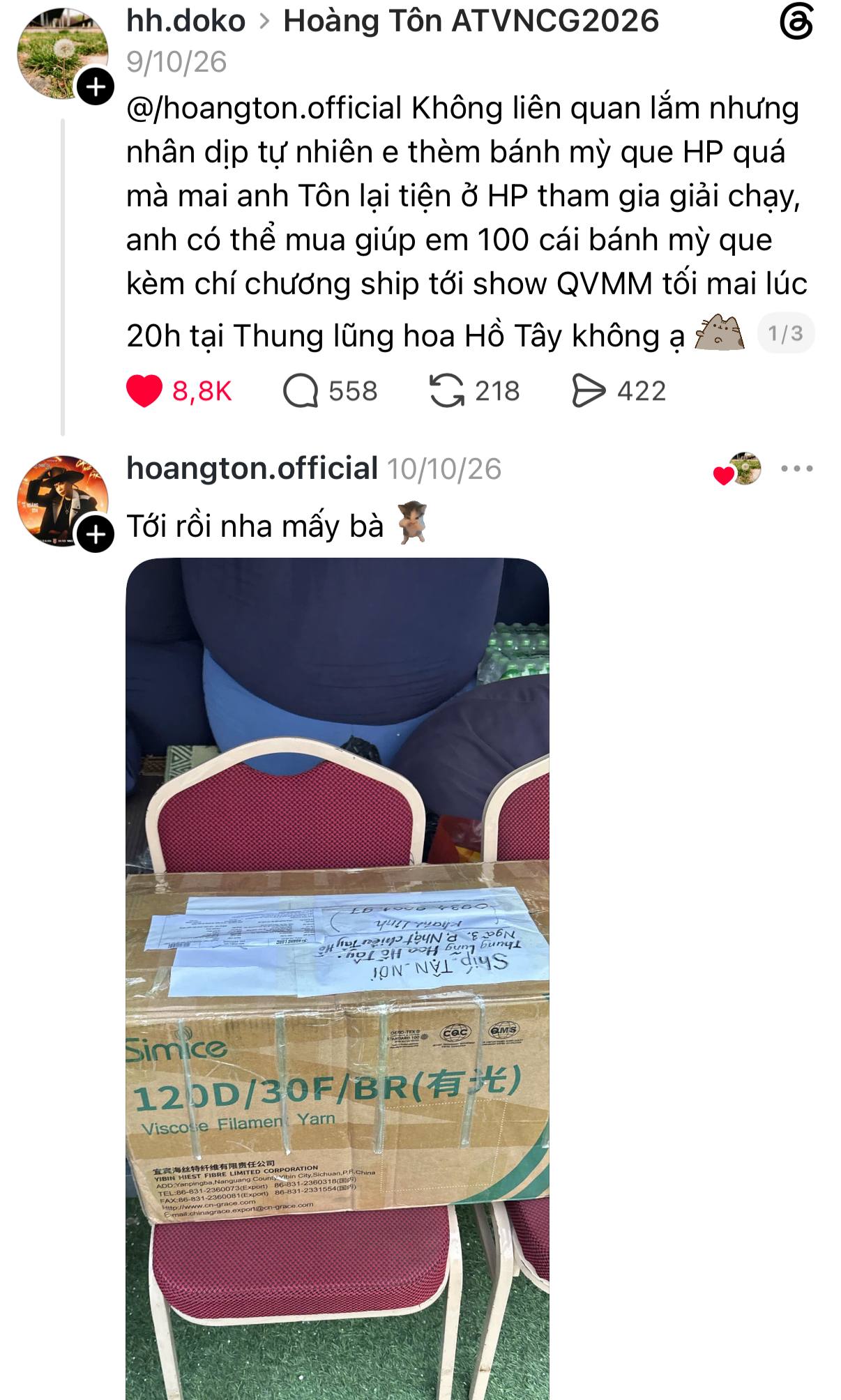 Một fan tag hẳn tên Hoàng Tôn nhờ anh mua bánh mì que và nam ca sĩ lập tức chiều theo 