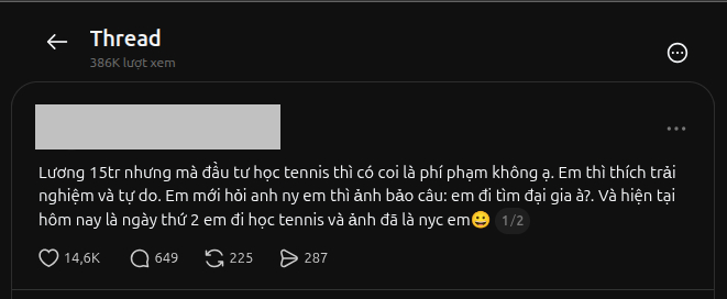 Câu chuyện lương 15 triệu chơi tennis từng viral trên Threads (Ảnh chụp màn hình)