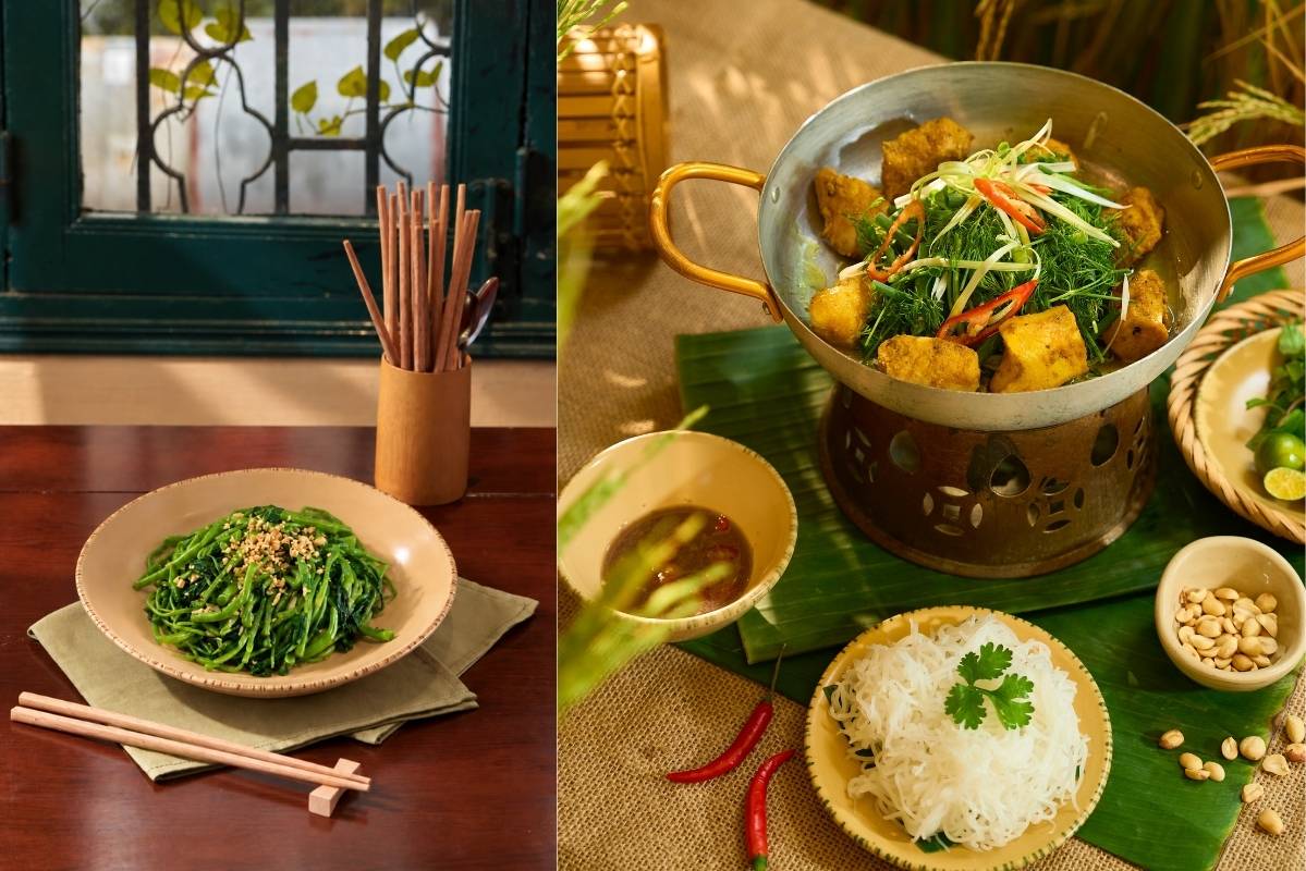 Chả cá Hà Nội, bánh xèo, bánh hỏi, rau muống xào tỏi được đoàn lựa chọn trong thực đơn. Ảnh: Quán Ăn Ngon