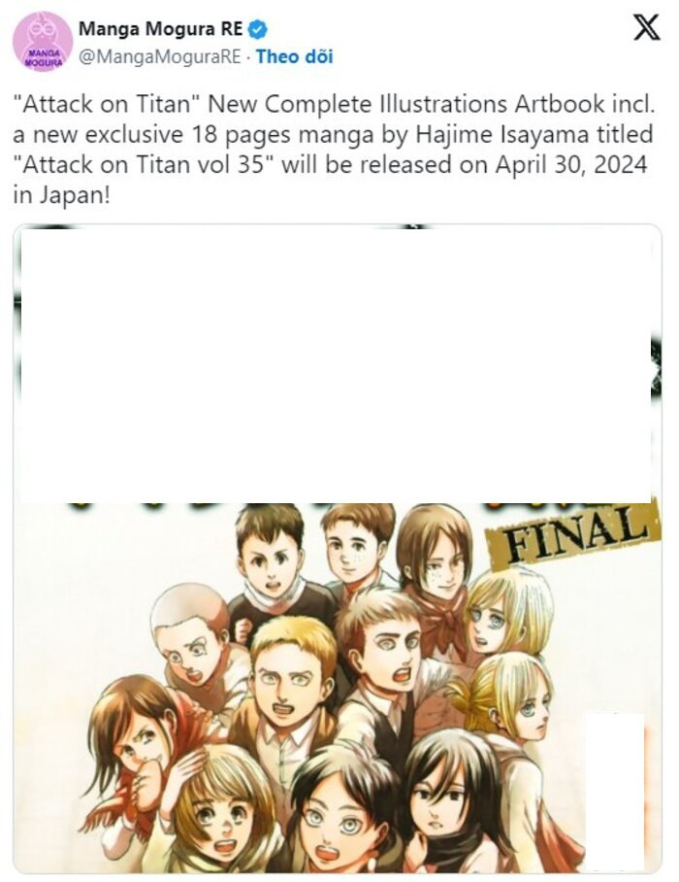 Thông báo mới của Attack on Titan về việc phát hành thêm 18 trang manga mới.
