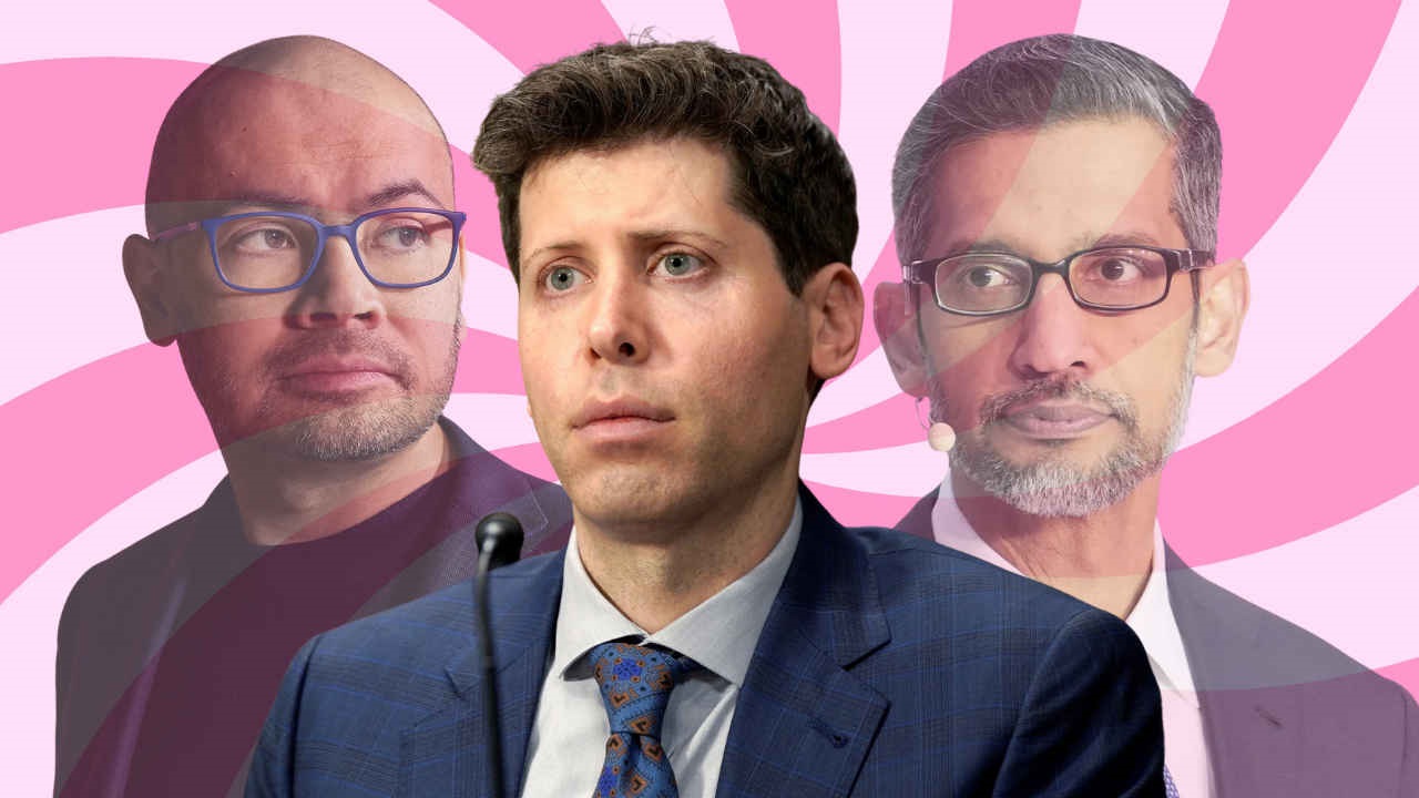 Các lãnh đạo của Google bao gồm ông Demis Hassabis (người đứng đầu Google DeepMind) (trái) và CEO Google, ông Sundar Pichai đang phả hơi nóng vào CEO Sam Altman của OpenAI