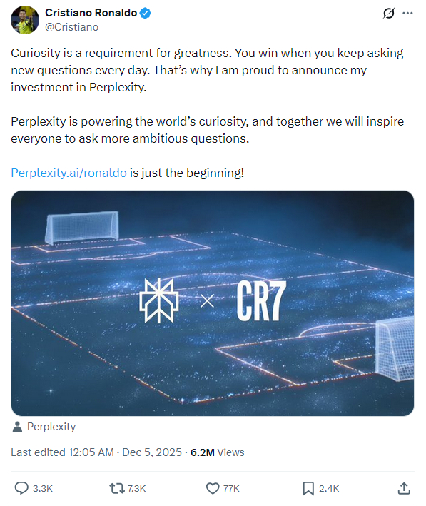 Bài đăng của Ronaldo thông báo đầu tư vào Perplexity