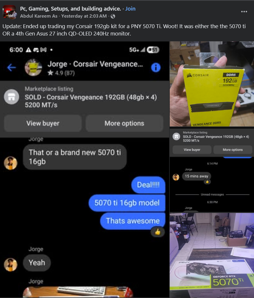Theo thỏa thuận ban đầu, 192GB RAM này (có giá đến gần 60 triệu) chỉ để đổi lấy RTX 5070 Ti (có giá khoảng 20 triệu)