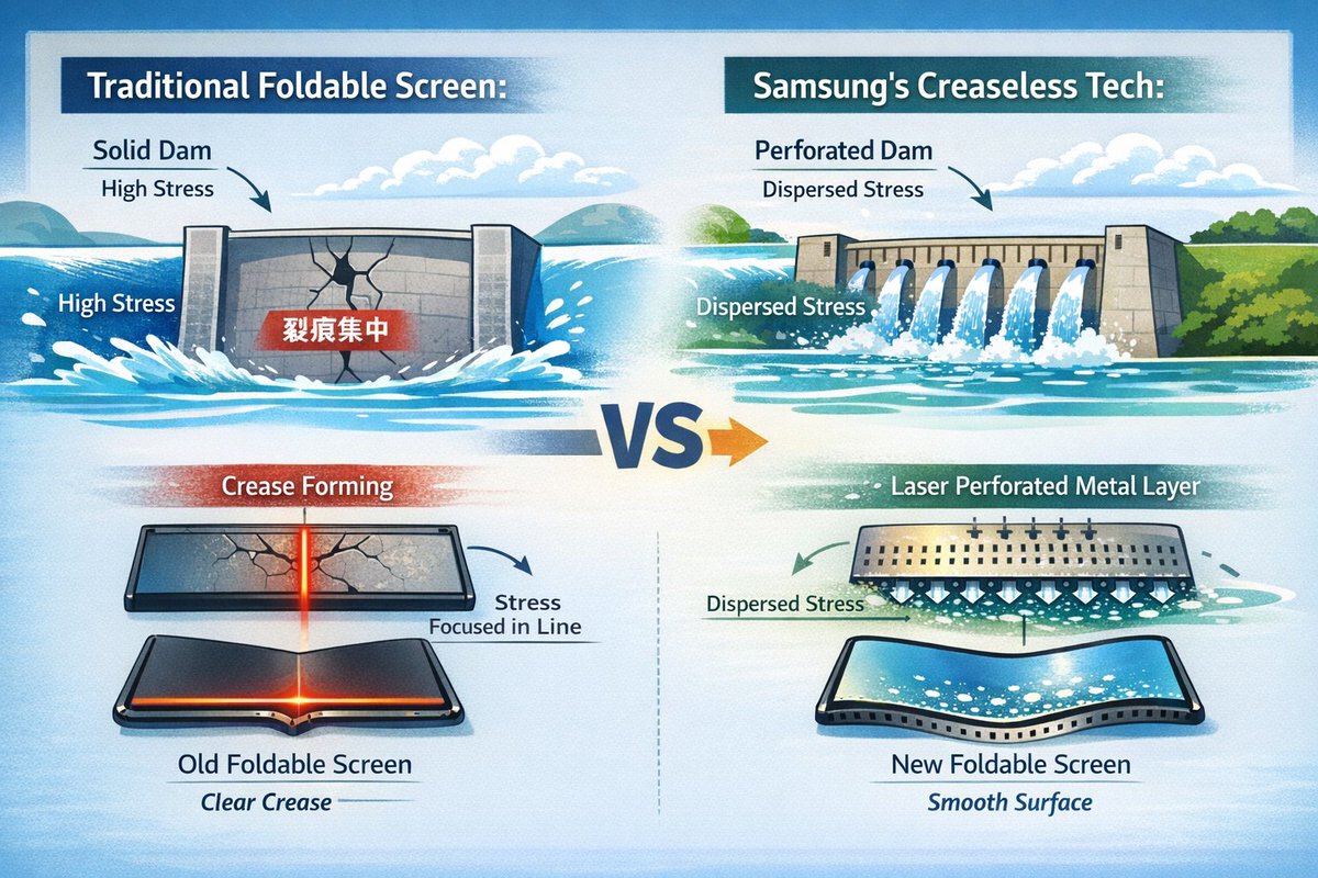 Nếp gấp màn hình gập cũng tương tự như vết nứt trên đập nước