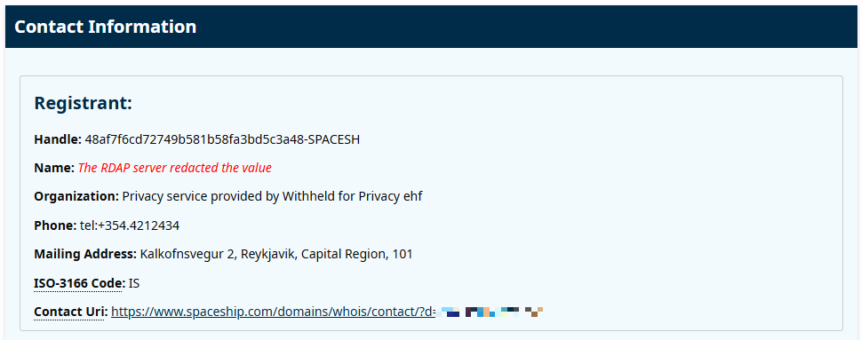 Thông tin về tổ chức ghi danh tên miền độc hại cũng như địa chỉ hoạt động của họ.