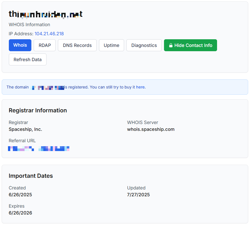 Thông tin cho thấy trang web được một đơn vị có tên Spaceship đại diện. Tên miền và nội dung trên địa chỉ web này đưa lên mạng vào ngày 26/6/2025, và tên miền sẽ hết hạn vào ngày 26/6/2026.