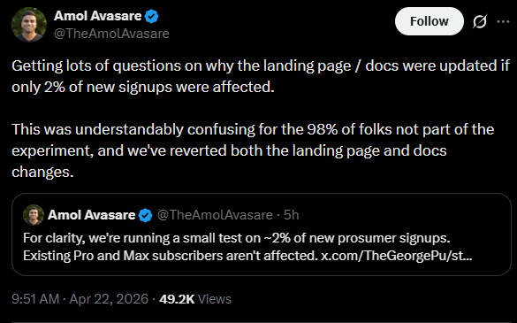   Chúng tôi đang nhận được rất nhiều câu hỏi về việc thông tin trên trang đích/tài liệu đã được cập nhật, trong khi chỉ 2% người đăng ký mới bị ảnh hưởng.  Có thể hiểu được rằng điều này đã gây bối rối cho 98% người dùng không nằm trong nhóm thử nghiệm, và chúng tôi đã hoàn tác các thay đổi trên cả trang đích lẫn tài liệu.  