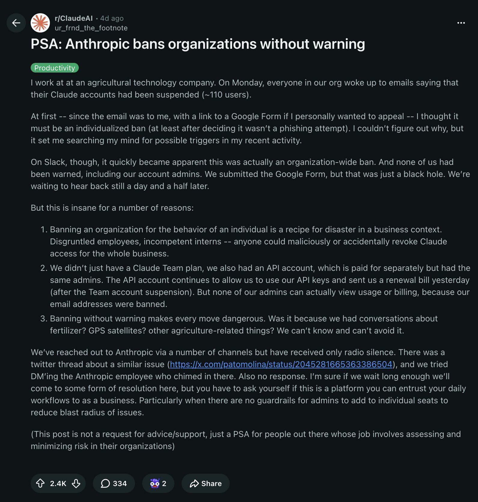 Anthropic khóa toàn bộ 110 tài khoản của cả công ty mà không cảnh báo, hôm sau vẫn gửi hóa đơn thu tiền gia hạn