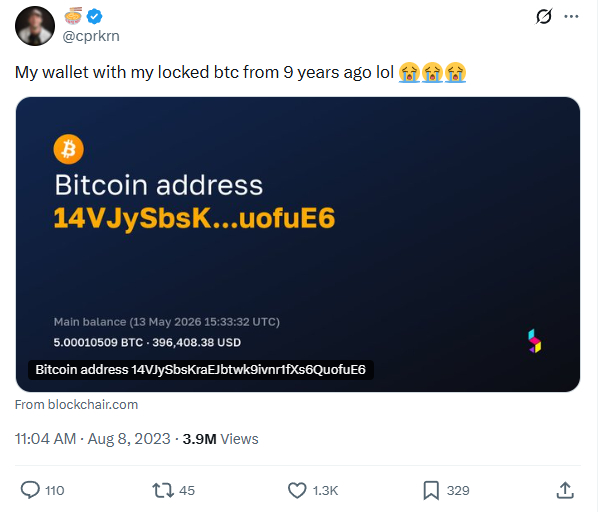 Bài đăng năm 2023 cho biết cprkrn vẫn chưa mở khóa được ví Bitcoin của mình