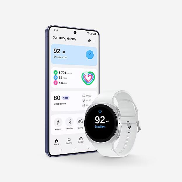 Samsung Health tổng hợp dữ liệu từ Galaxy Watch thành điểm năng lượng và các chỉ số trực quan trên Galaxy S26 Ultra.