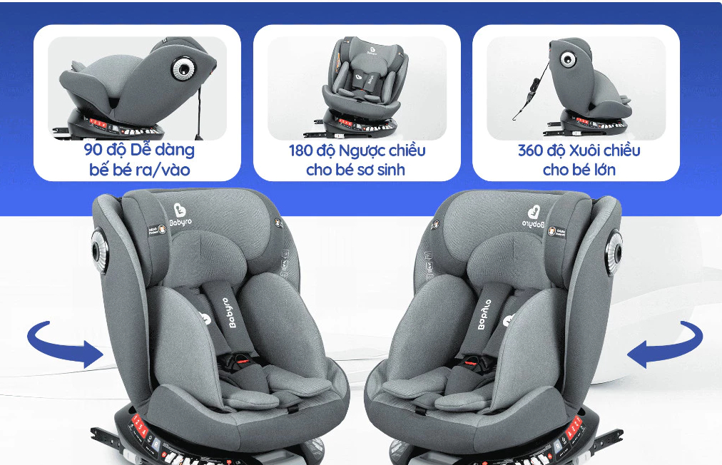 Ghế ô tô Babyro Spinsafe Isofix xoay 360° chuẩn R44 cho bé từ 0 - 12 tuổi.
