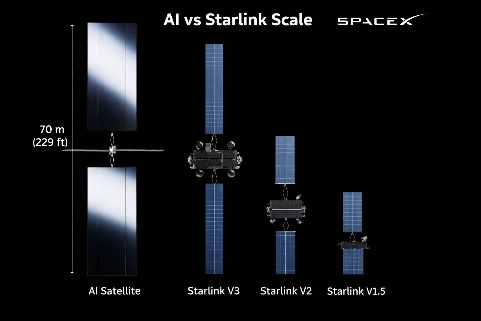 So sánh kích thước giữa vệ tinh AI và các vệ tinh internet của SpaceX 