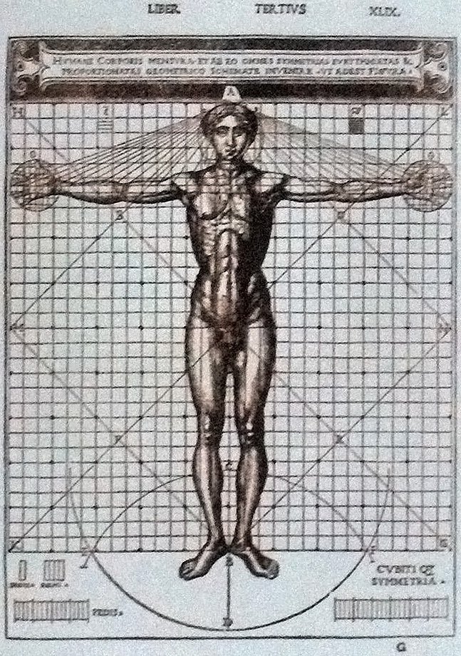 Một hình vẽ mô tả Người Vitruvius trong ấn bản cuốn De Architectura của Vitruvius; ấn bản có minh họa của Cesare Cesariano, năm 1521 - Ảnh: Georges Jansoone.
