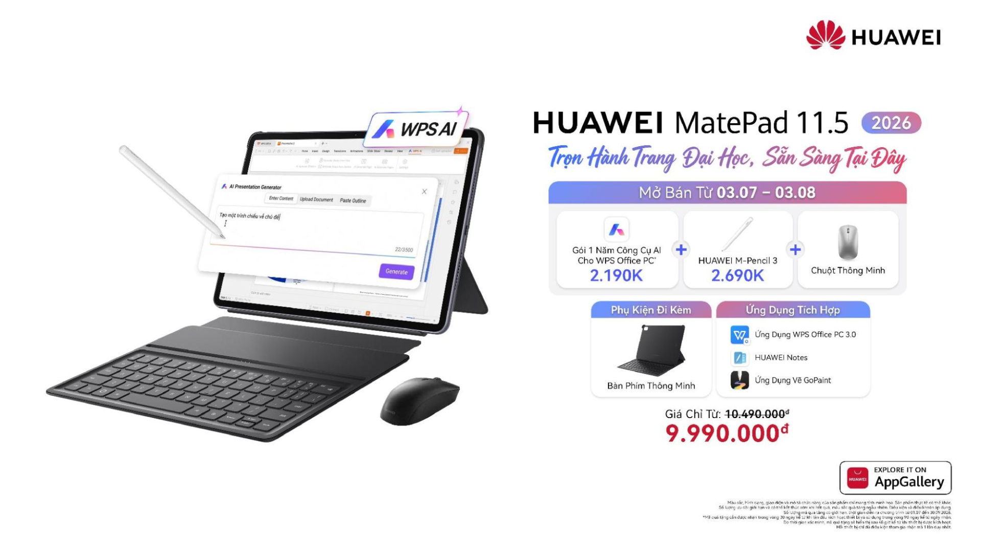 Thông tin mở bán, mức giá và bộ quà tặng kèm của HUAWEI MatePad 11.5 (2026)