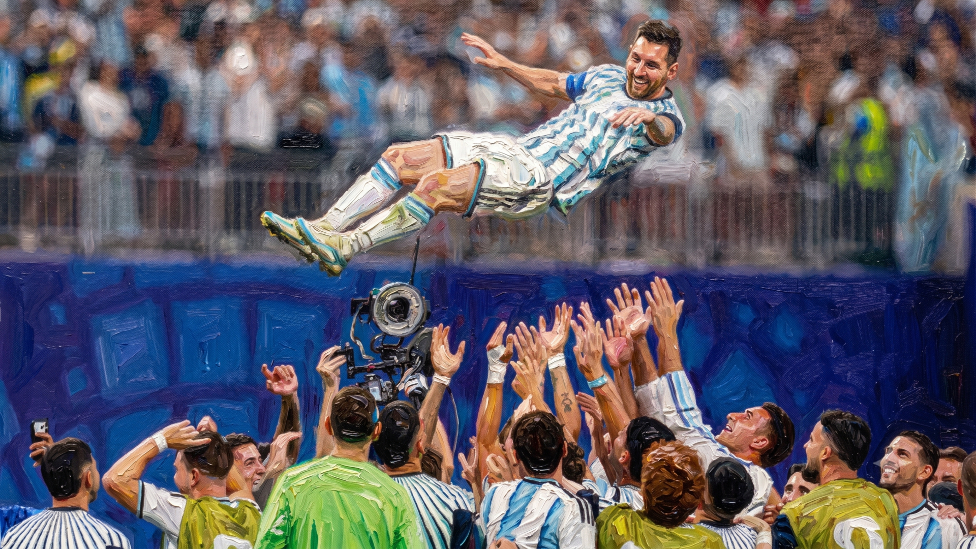 Messi được đồng đội tung lên không sau màn lội ngược dòng ngoạn mục trước Ai Cập - Hình minh họa bởi AI.