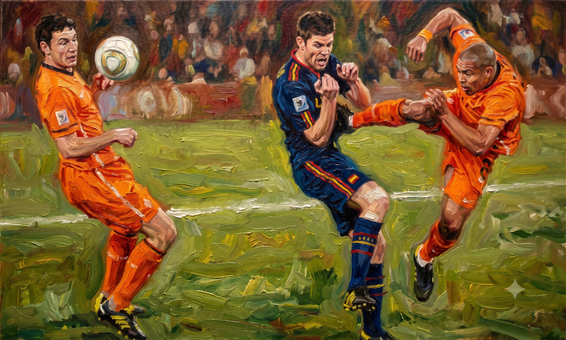Pha vào bóng tai tiếng của Nigel de Jong trong trận Hà Lan gặp Tây Ban Nha, mùa World Cup 2010 - Hình minh họa bằng AI.