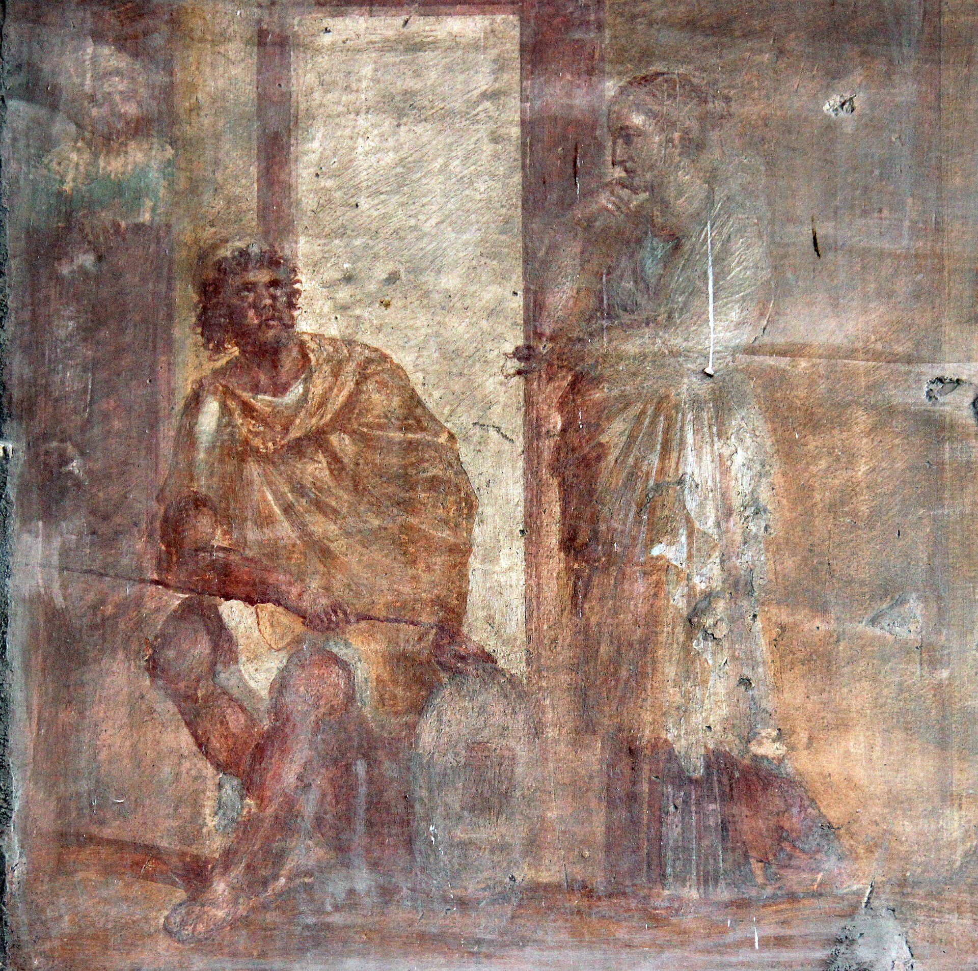 Penelope gặp lại Odysseus vừa trở về trong vỏ bọc của một người ăn mày. Trích từ một bức bích họa tại khu chợ Macellum của Pompeii - Ảnh: Miguel Hermoso Cuesta/Cấp quyền theo CC BY-SA 4.0.