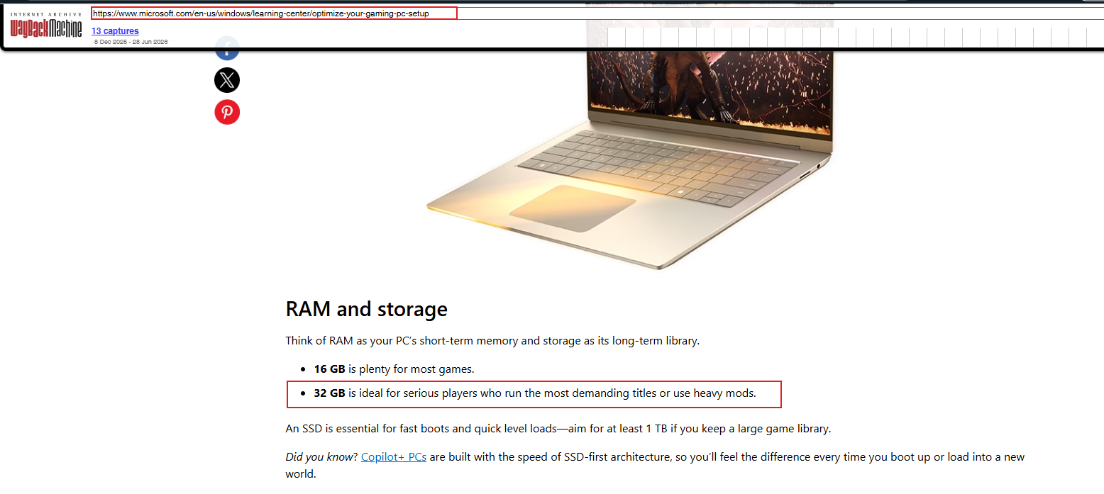 Vào tháng 12 năm 2025, website của Microsoft vẫn cho rằng 32GB là lý tưởng cho Windows