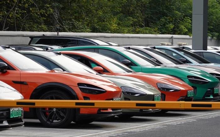Xe năng lượng mới mang biển số nền xanh lá đặc trưng của Trung Quốc xếp kín một bãi đỗ. Số thương hiệu cùng tồn tại trong một phân khúc quyết định tốc độ mất giá của từng thương hiệu.
