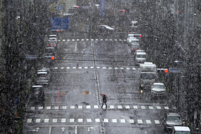   Tokyo, Nhật Bản: Một phụ nữ đi bộ trong tuyết (Ảnh: Eugene Hoshiko/AP).  