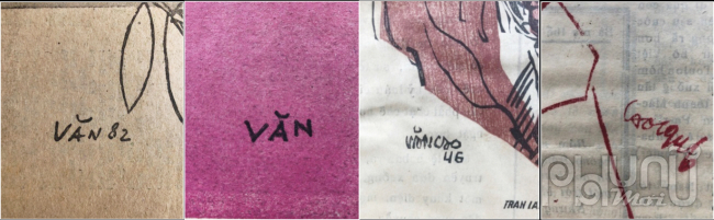 Các chữ ký hội họa của Văn Cao minh họa báo giấy (Tư liệu: Tạ Thu Phong).