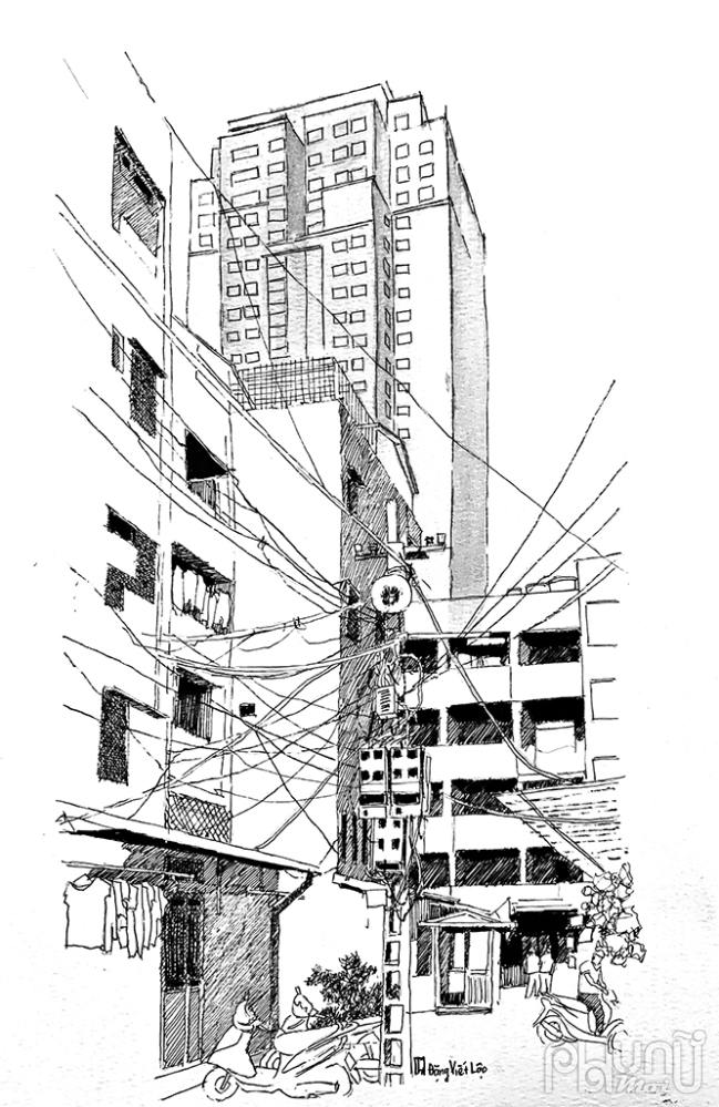 Quang cảnh thành phố cho thấy sự phá vỡ về độ cao, với các tòa nhà cao tầng xen kẽ một cách thô bạo với nhà ở (Tranh Đặng Viết Lộc).
