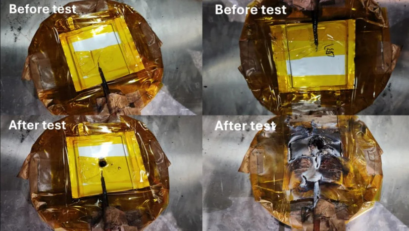 Hình ảnh cho thấy kết quả thử nghiệm khả năng thẩm thấu của pin lithium-ion với dung dịch điện phân mới (bên trái) và pin tiêu chuẩn (bên phải).