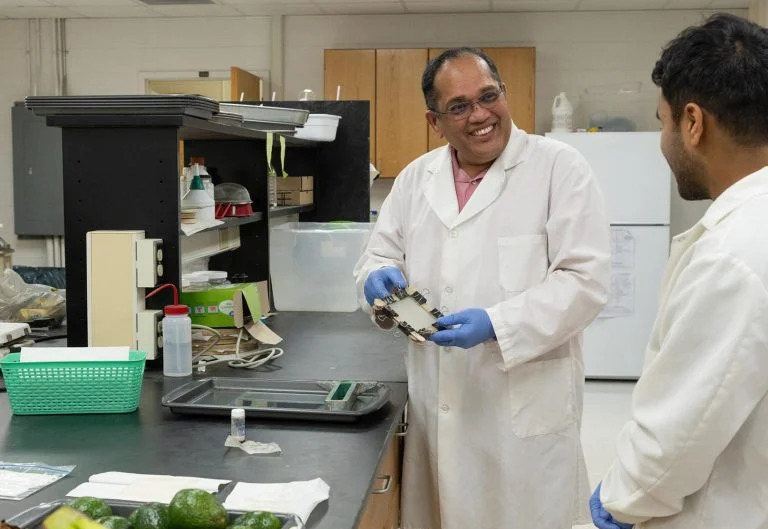 Phó Giáo sư Srinivas Janaswamy đang trình bày cách các phụ phẩm nông nghiệp có thể được chuyển đổi thành màng giống như nhựa.