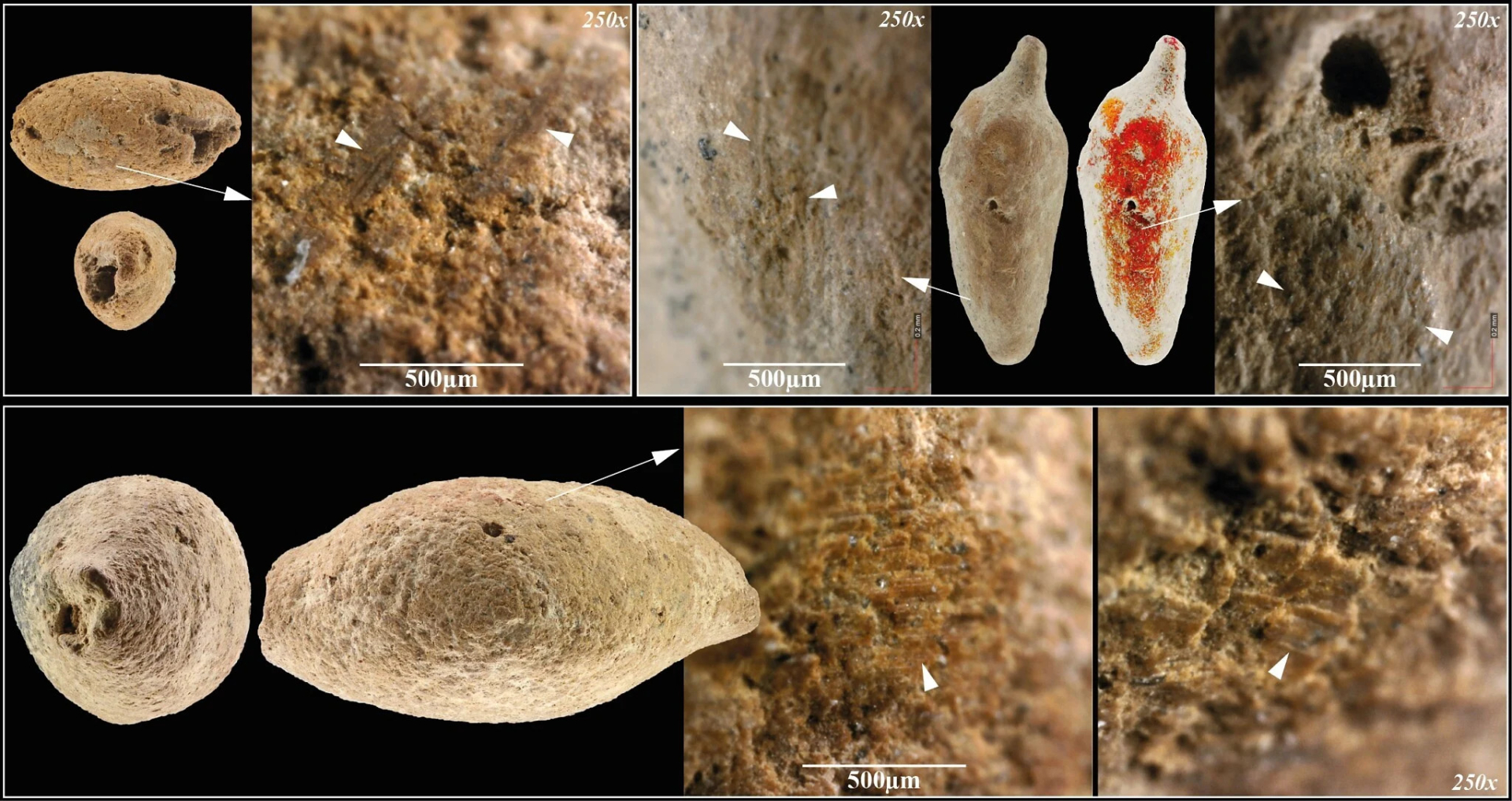 Những hạt bằng đất sét từ thời kỳ Natufian muộn được tìm thấy tại Hayonim Terrace (Galilee), có màu đỏ và còn nguyên dấu tích lỗ của dây xâu.