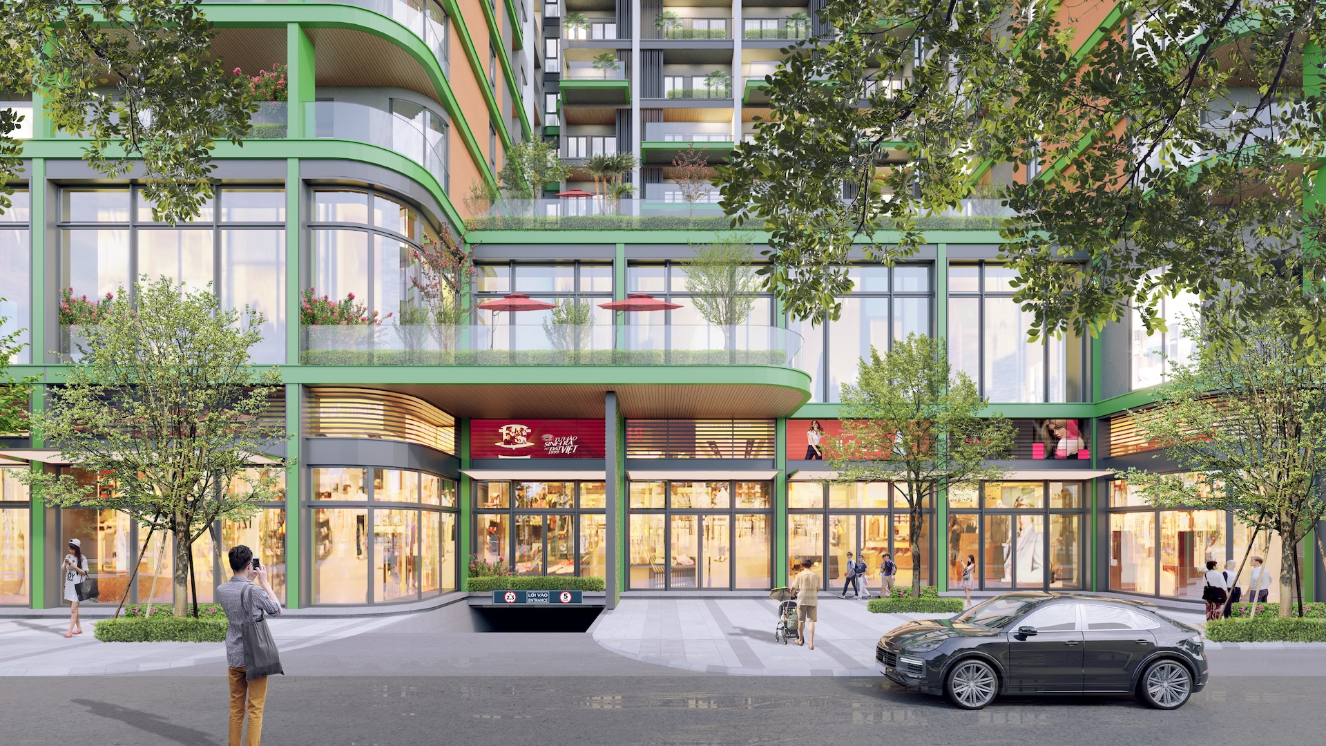 Hệ thống shophouse sầm uất ở chân khối đế đáp ứng mọi nhu cầu mua sắm và giải trí của cư dân FourS Tower. Ảnh: Sun Property.