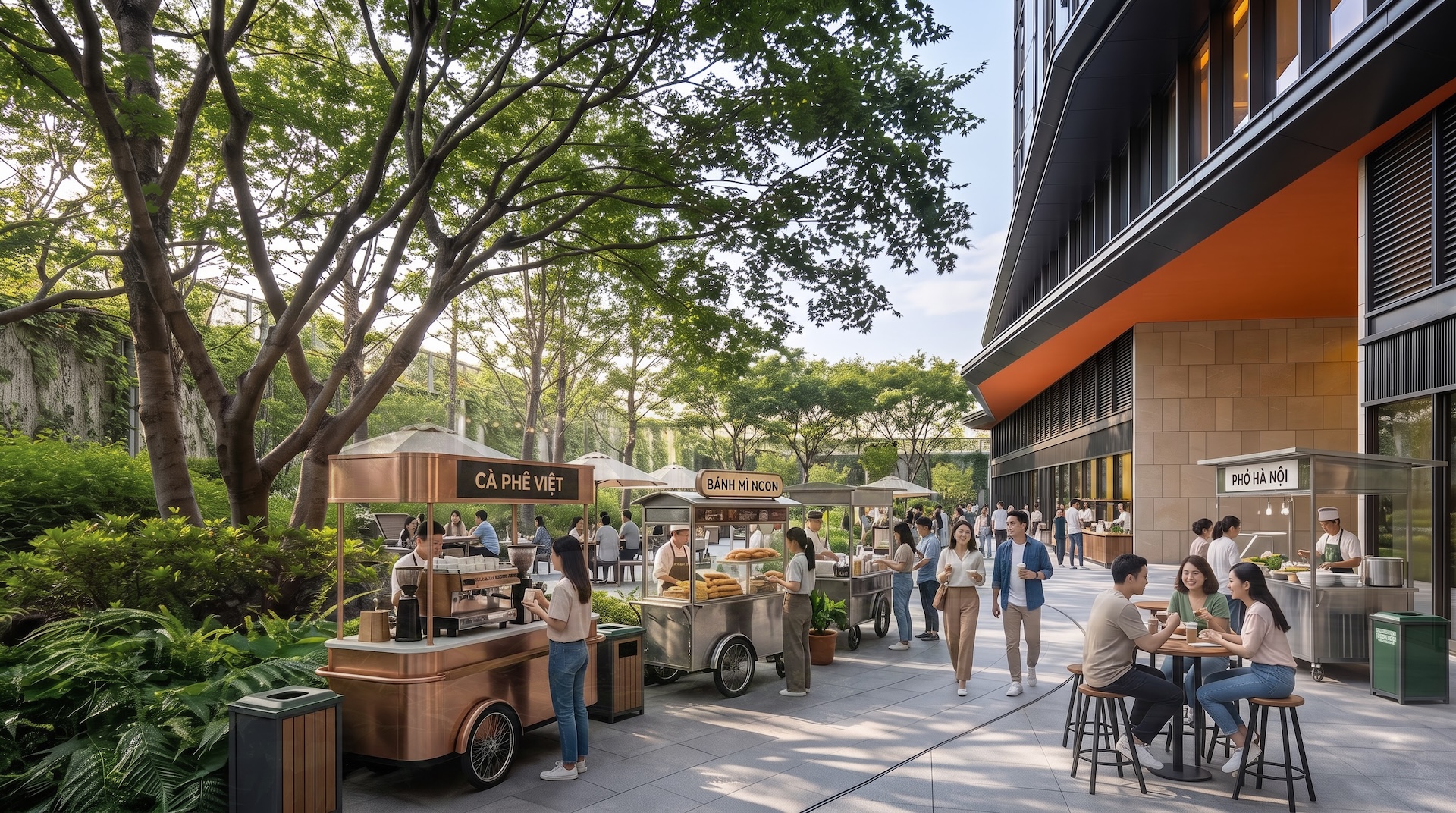 Dưới tán cây xanh mát, khu vực café terrace là điểm hẹn lý tưởng để cư dân thư giãn và kết nối. Ảnh: Sun Property.