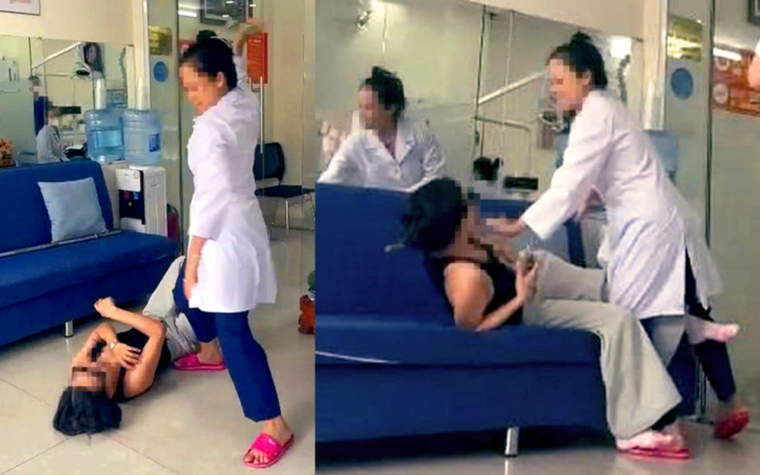 Nữ bác sĩ N.T.T.C. cầm gậy sắt đe dọa, bóp cổ, kéo ngã khách hàng và giật điện thoại rồi ném xuống sàn nhà.