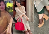 Vợ Hà Đức Chinh xinh đẹp trong áo dài Tết nhưng sự chú ý lại đổ vào vòng 2 vào đôi dép cao gót
